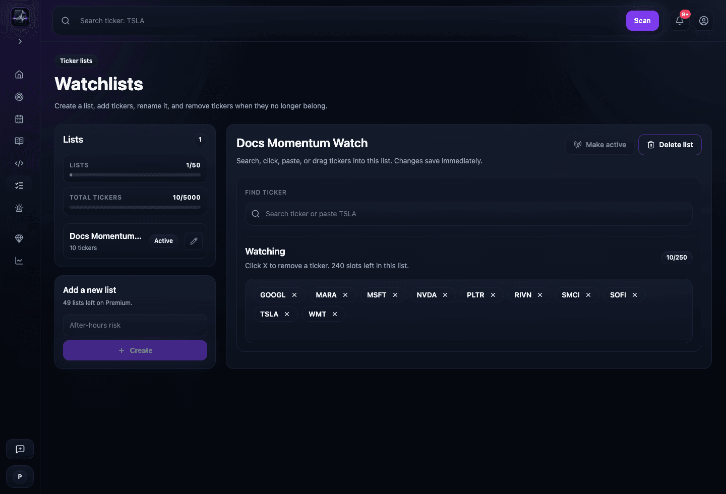 Watchlists product screenshot